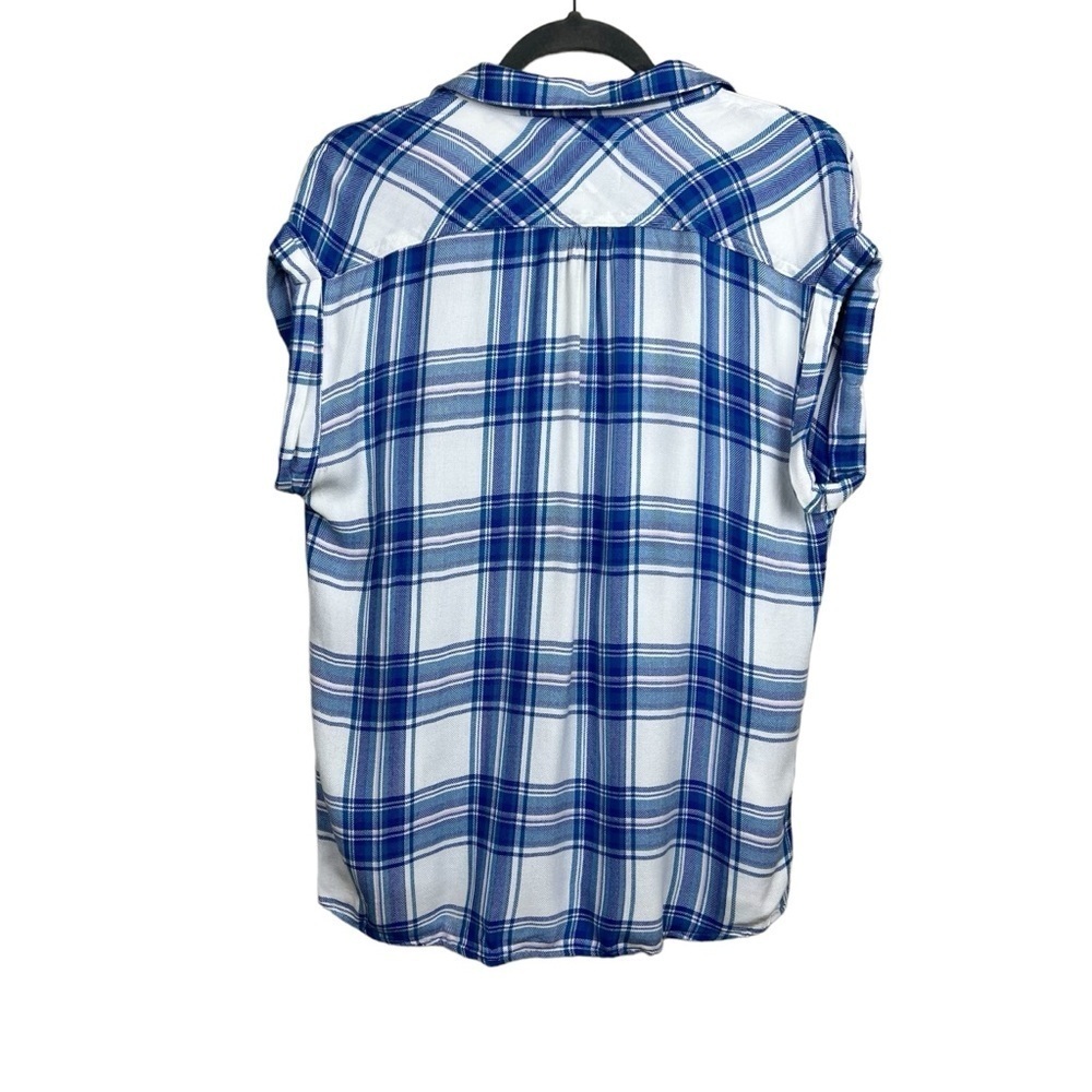 Rails Britt Cap Sleeve Plaid Button Down Shirt White/Blue/Lilac S Rayon - Picture 4 of 6